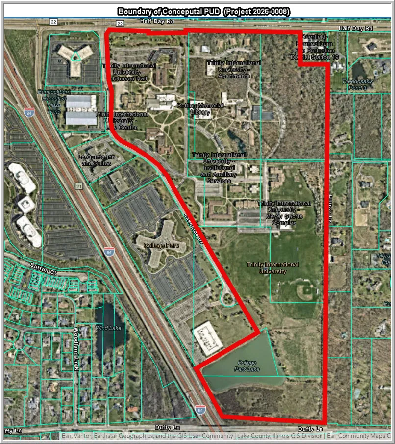 GIS map titled Boundary of Conceptual PUD, Project 2026-0008: the campus outlined in red between Half Day Road (north), Lakeside Drive and I-94 (west), Hilton Lane homes (east) and Duffy Lane (south).