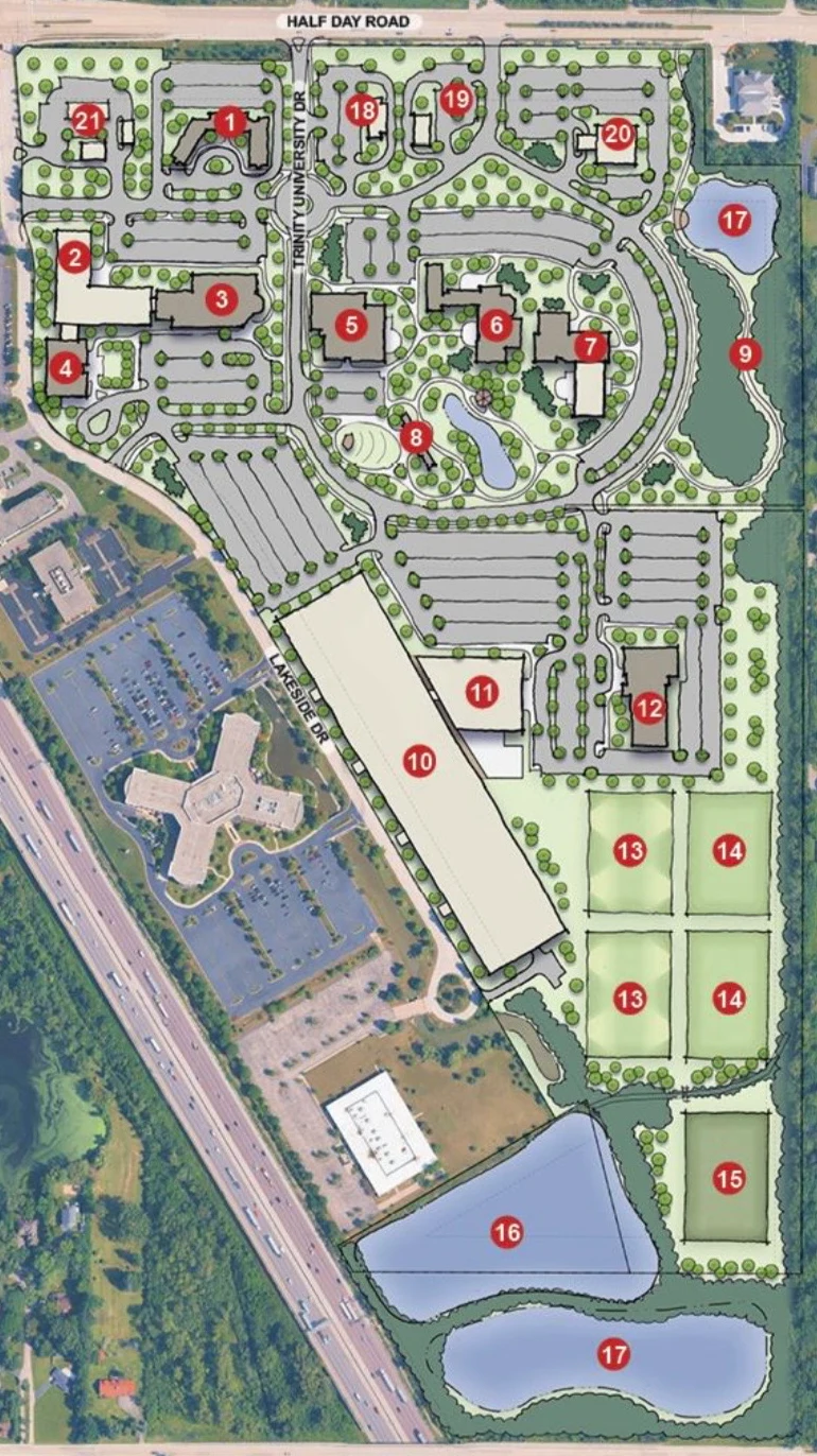 Developer's site plan of The QUAD: numbered buildings, parking, dome, fields and ponds across the campus between Half Day Road and Duffy Lane.